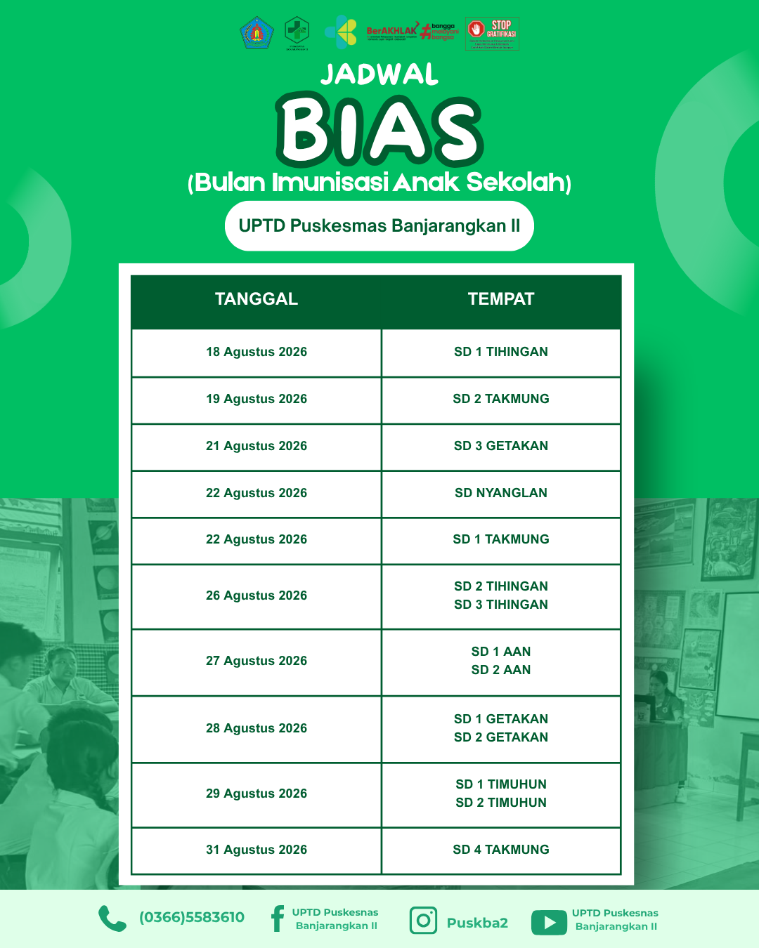 Poster pengumuman UPTD Puskesmas Banjarangkan II mengenai Jadwal BIAS (Bulan Imunisasi Anak Sekolah) yang dilaksanakan sepanjang bulan Agustus 2026. Poster memuat tabel berisi tanggal pelaksanaan dan nama-nama Sekolah Dasar (SD) yang menjadi lokasi imunisasi, serta menyertakan saluran komunikasi resmi puskesmas di bagian bawah.