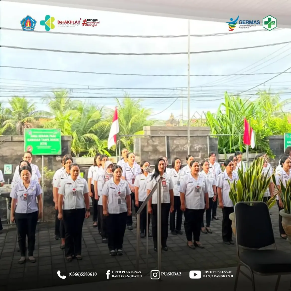 Dokumentasi pelaksanaan apel pagi UPTD Puskesmas Banjarangkan II pada Rabu, 5 Agustus 2026 yang diikuti oleh seluruh pegawai. Apel dipimpin oleh Penanggung Jawab Klaster 3 dengan Pembina Kepala UPTD Puskesmas Banjarangkan II.